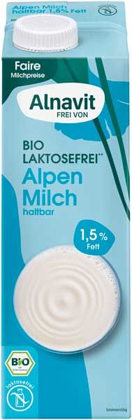 Alnavit Alpenmilch Laktosefreie H-Milch bio 1,5% Fett 1l